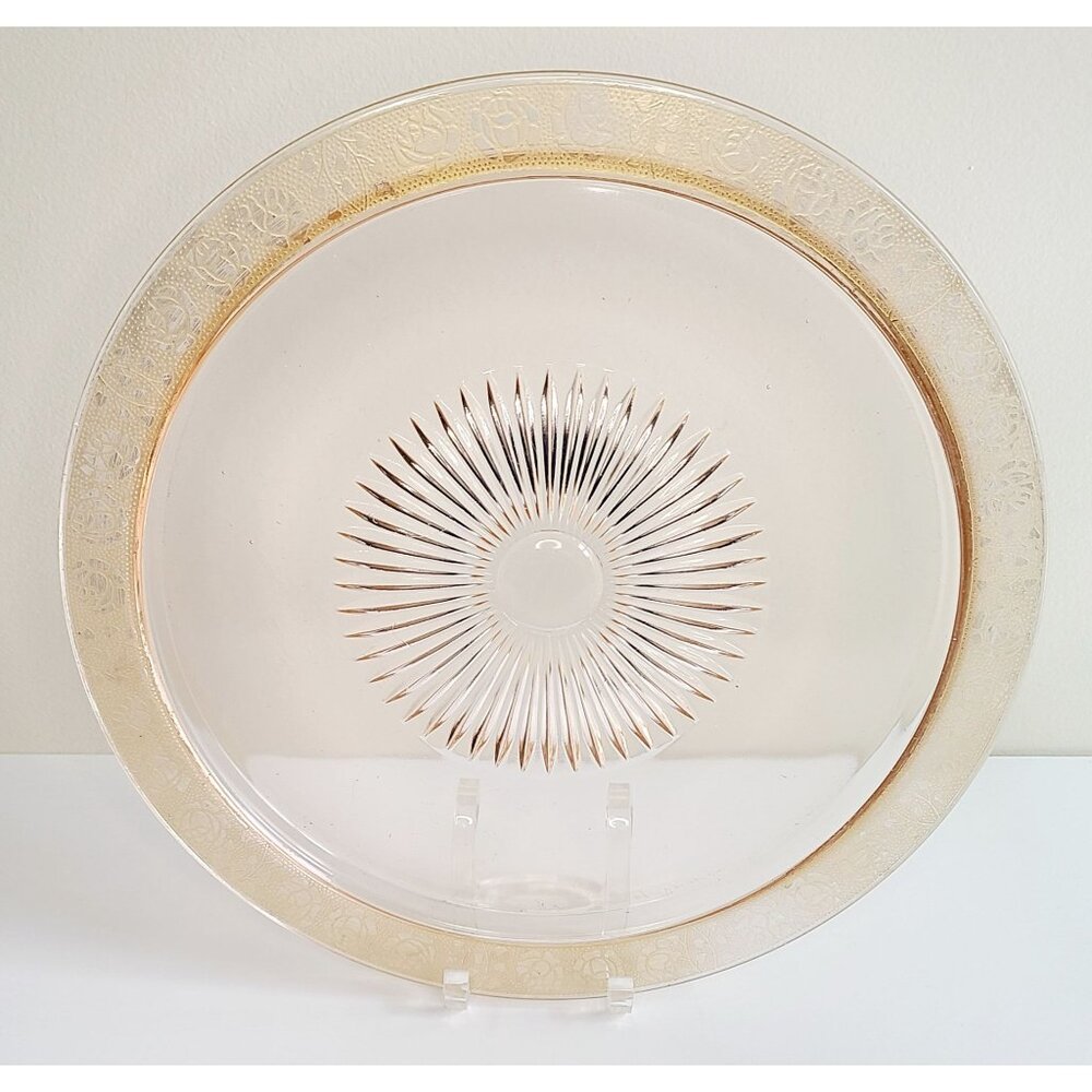 Vtg Glastonbury Lotus Rambler Rose Platter Made in USA Pink glass Gold Gilt Rim